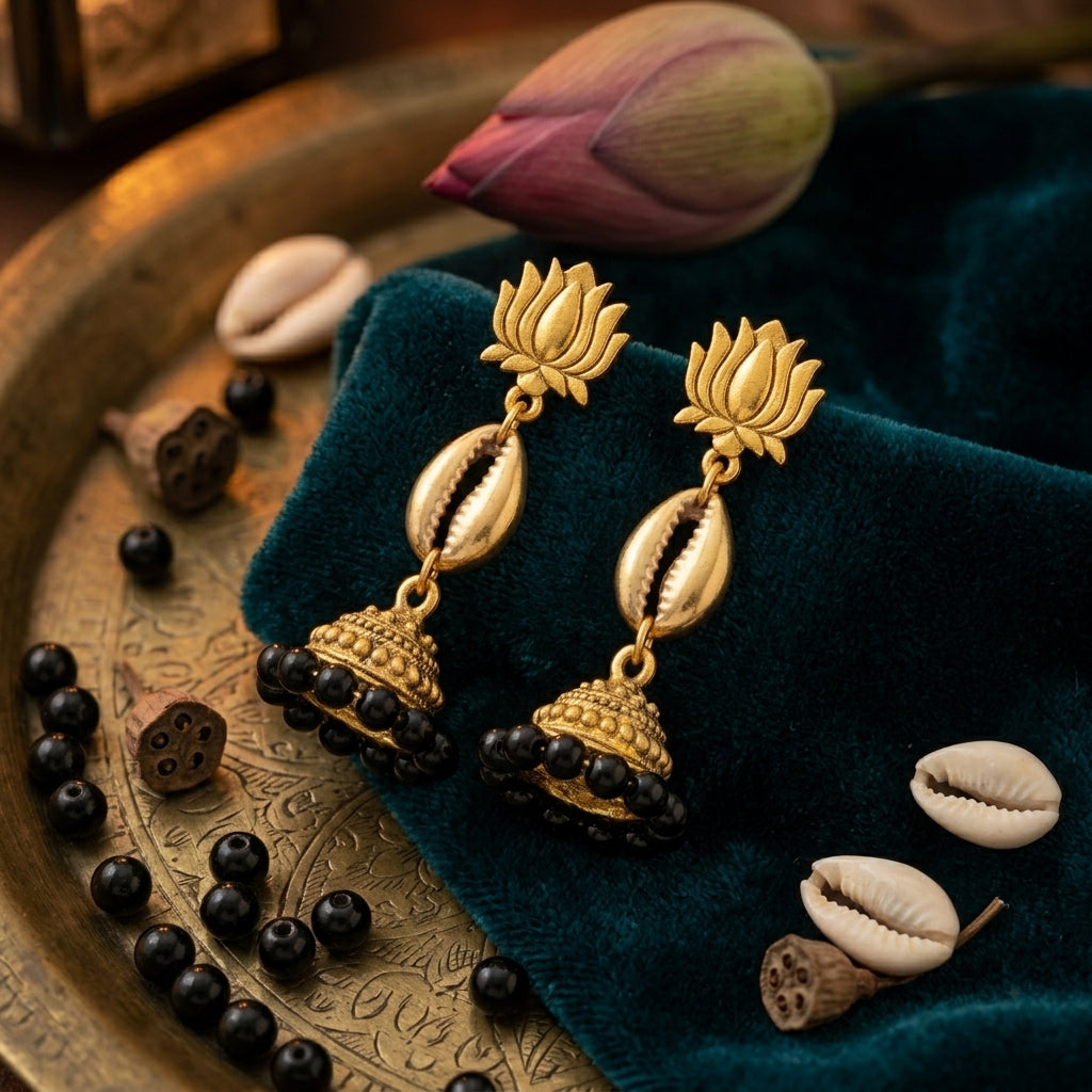 Handcrafted Designer Lotus Stud Gold Plated Shell Kodi Black Bead Jhumka