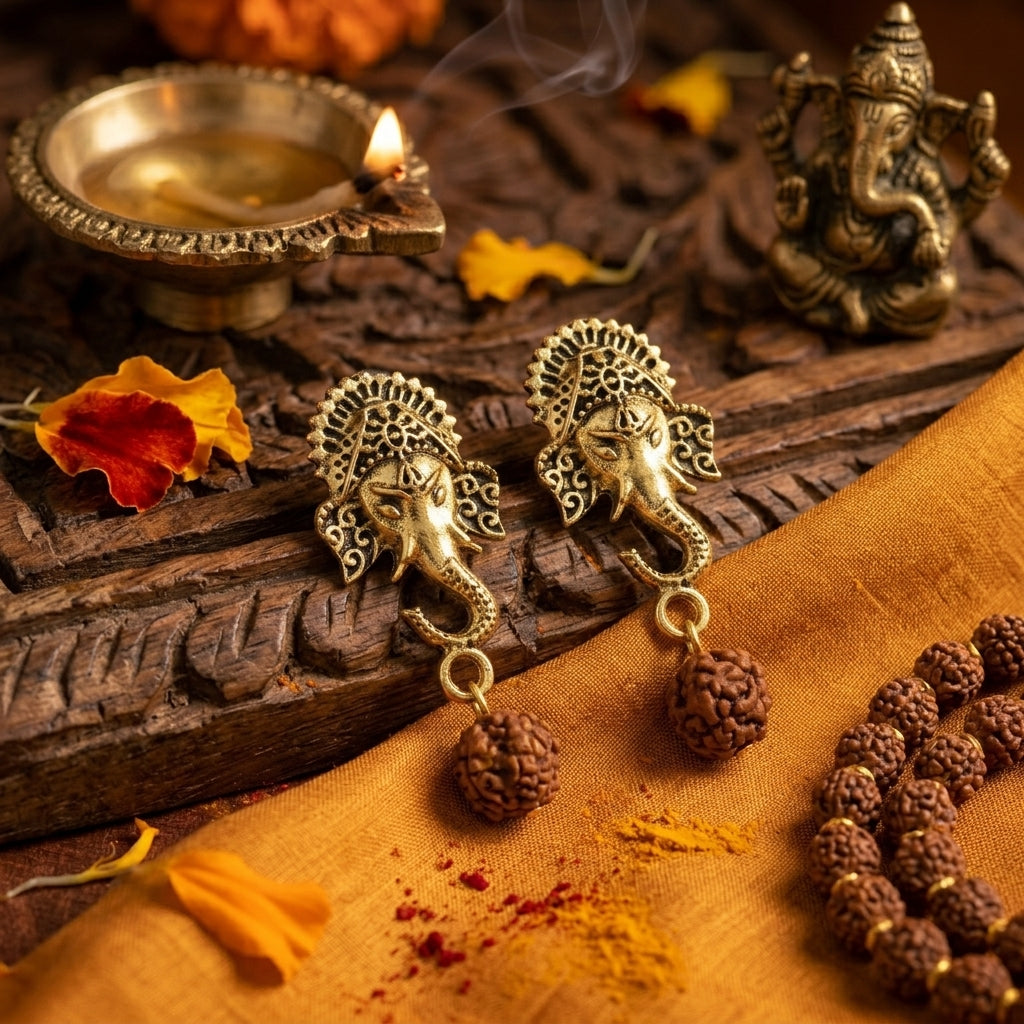 German Silver Ganpati stud with Rudraksha Earring