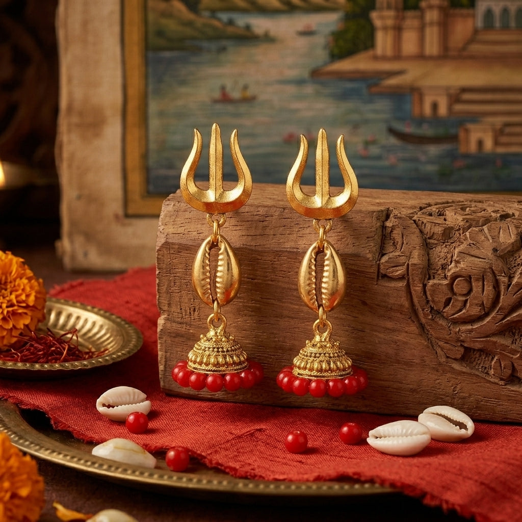Gold Finish Trishul Shell Red Beads Jhumka Earrings