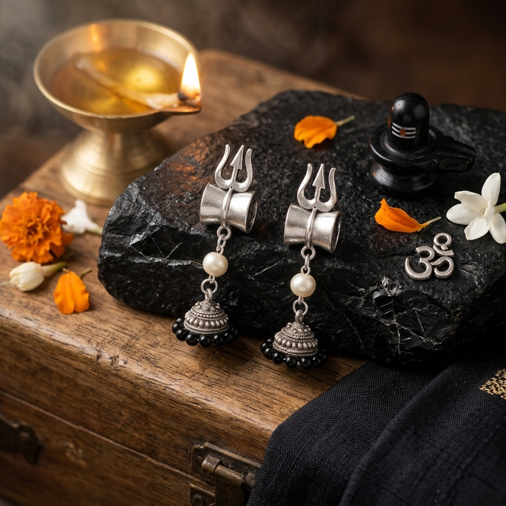 Silver Finish Trishul Damru Black Beads Jhumka Earrings