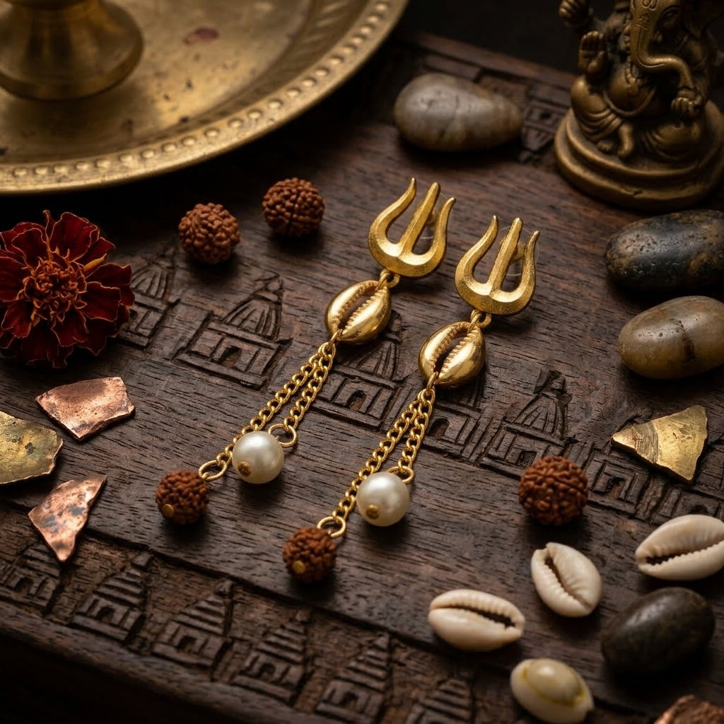 Designer Shiva Trishul Rudraksha Pearl Statement Earring