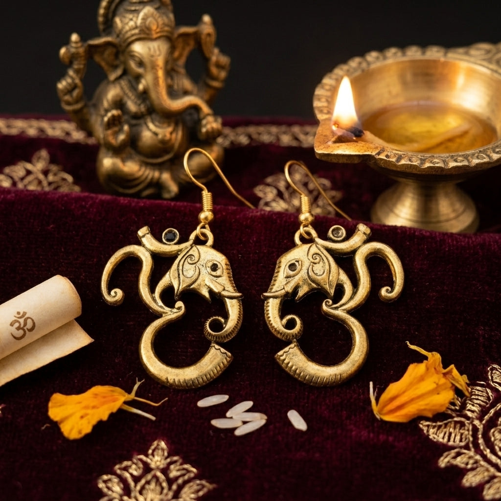 Divine Ganesha Om Fushion Carring In Gold tone