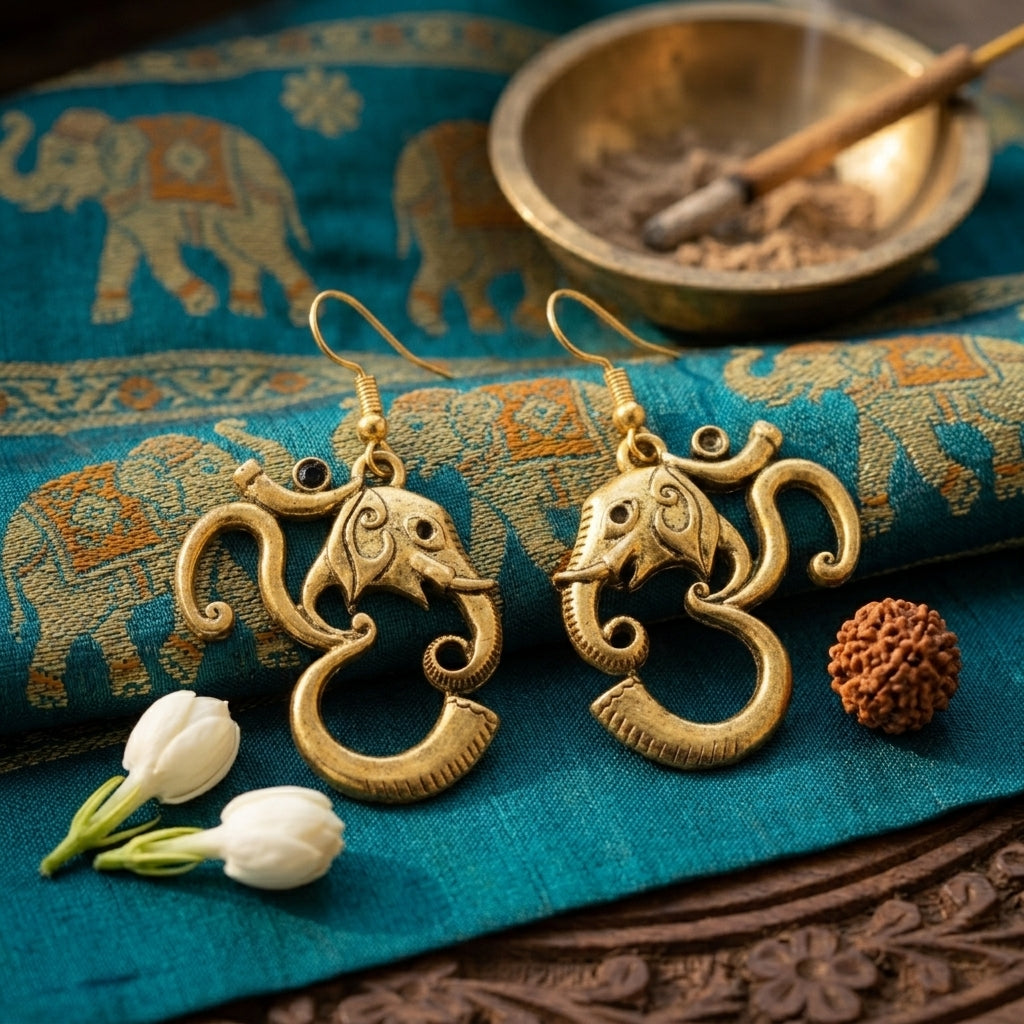 Divine Ganesha Om Fushion Carring In Gold tone