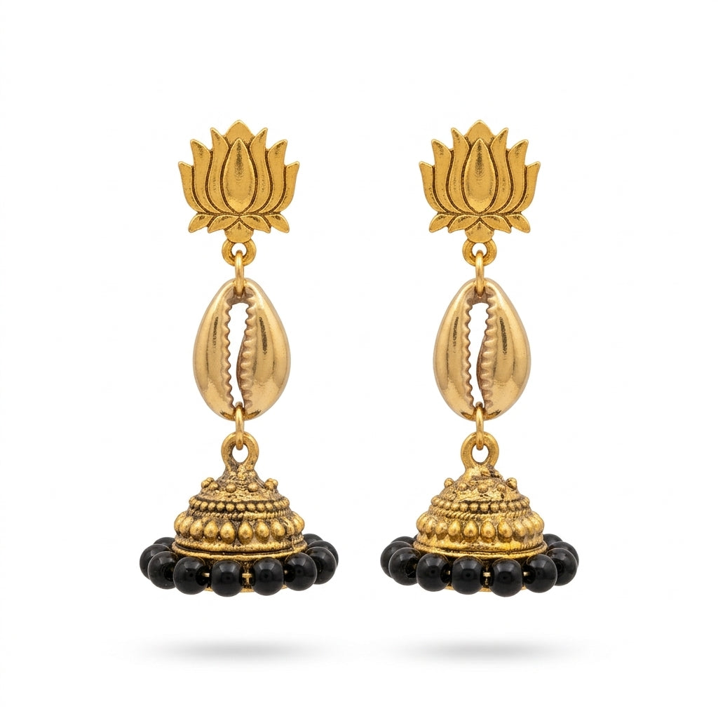 Handcrafted Designer Lotus Stud Gold Plated Shell Kodi Black Bead Jhumka