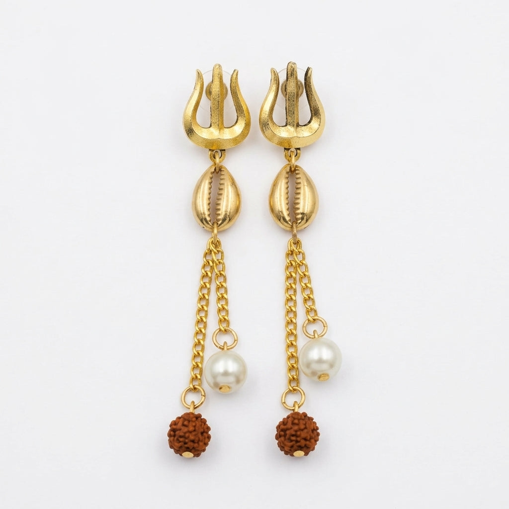 Designer Shiva Trishul Rudraksha Pearl Statement Earring