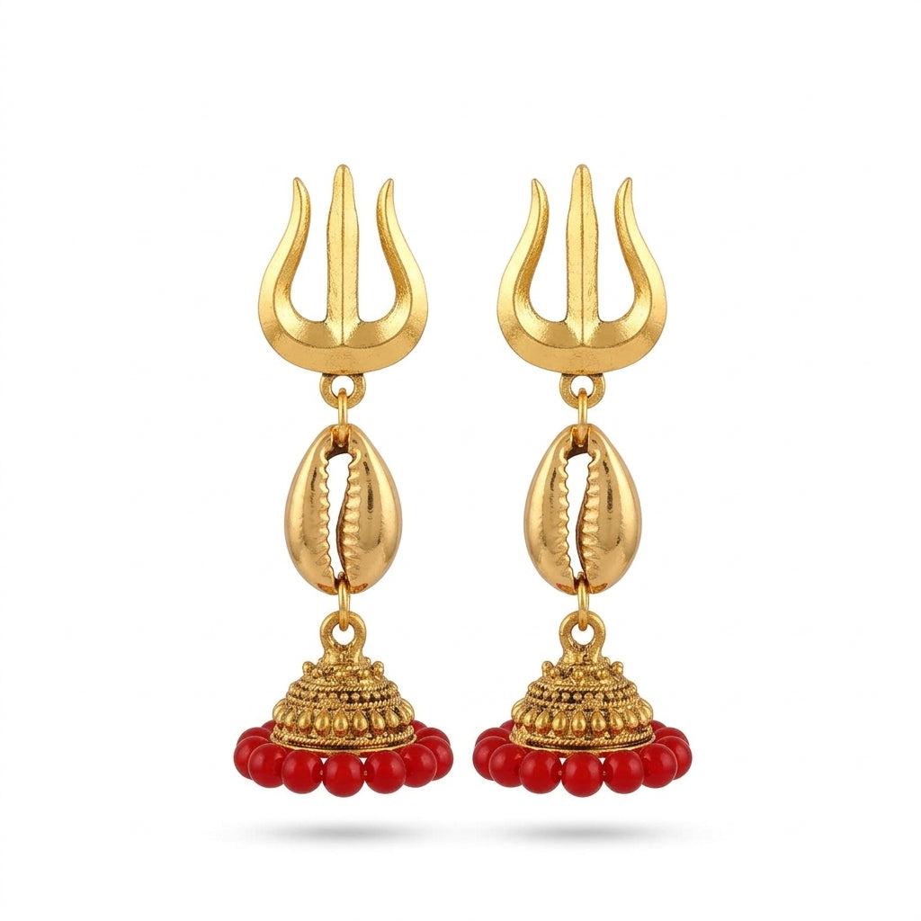 Gold Finish Trishul Shell Red Beads Jhumka Earrings