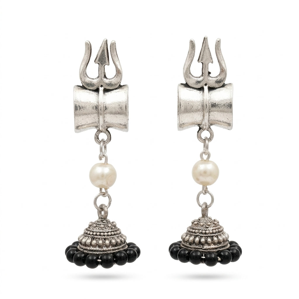 Silver Finish Trishul Damru Black Beads Jhumka Earrings