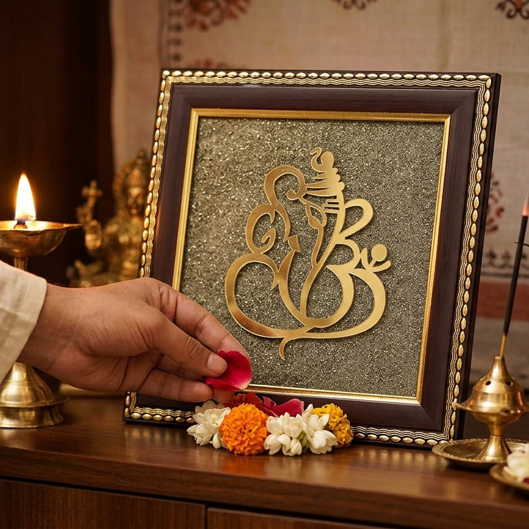 Ganesh Ji Raw Pyrite Frame for Prosperity and Good Fortune