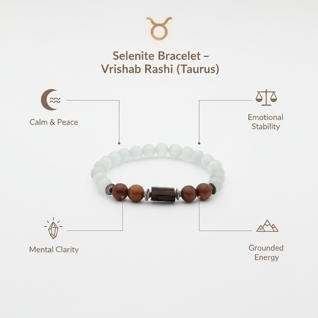 Selenite Taurus Bracelet: High-Vibe Clearing Crystals for Vrishabh