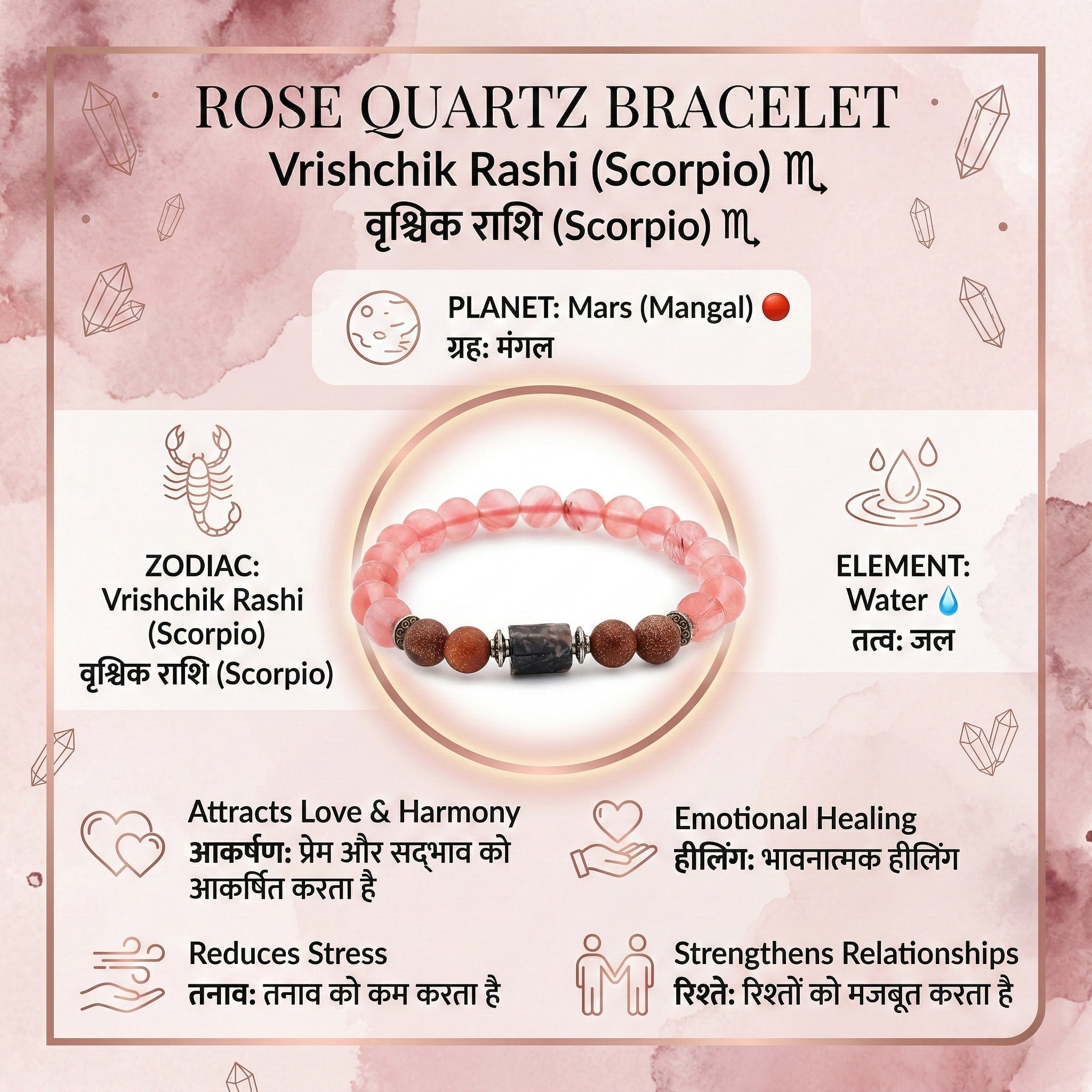 Rose Quartz Scorpio Bracelet: Natural Healing Crystals for Vrishchik