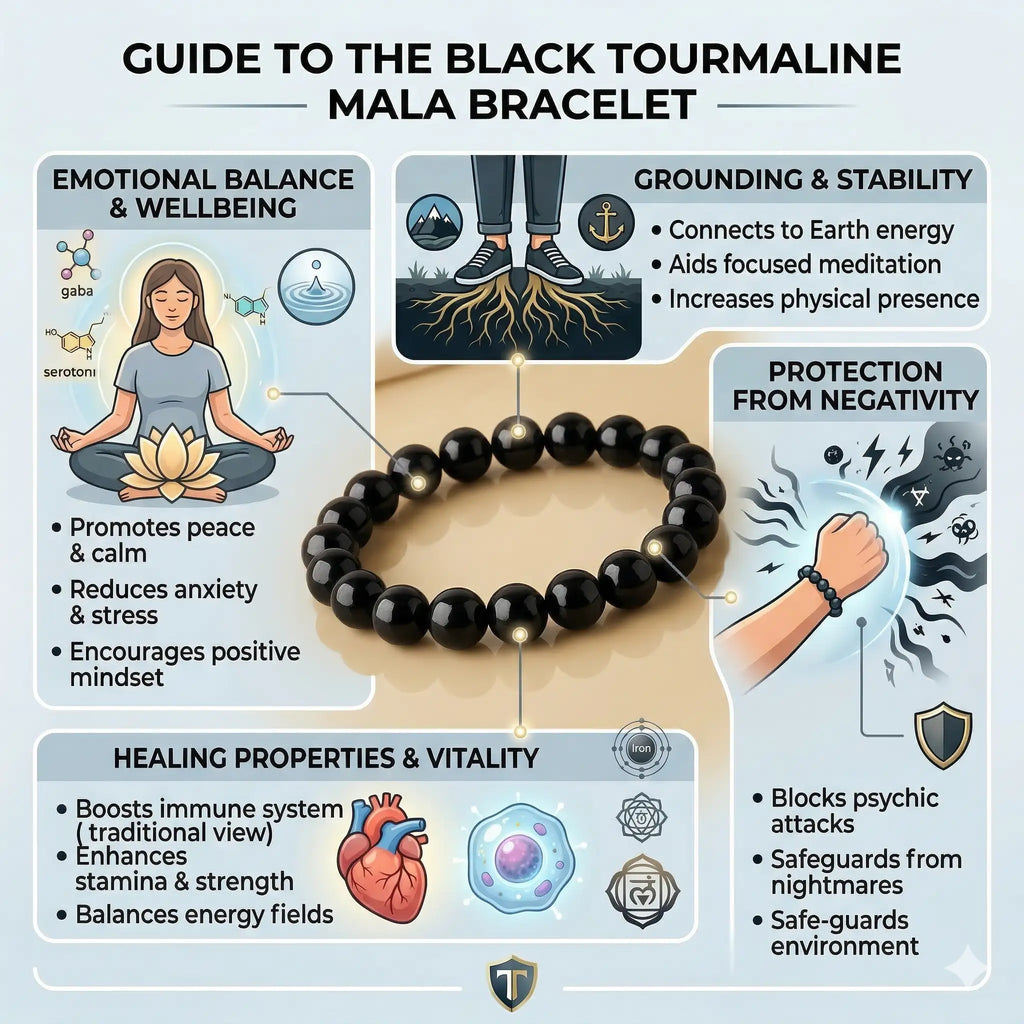 Black Tourmaline Stone Bracelet benefits - EMF protection, negative energy removal and root chakra balancing crystal