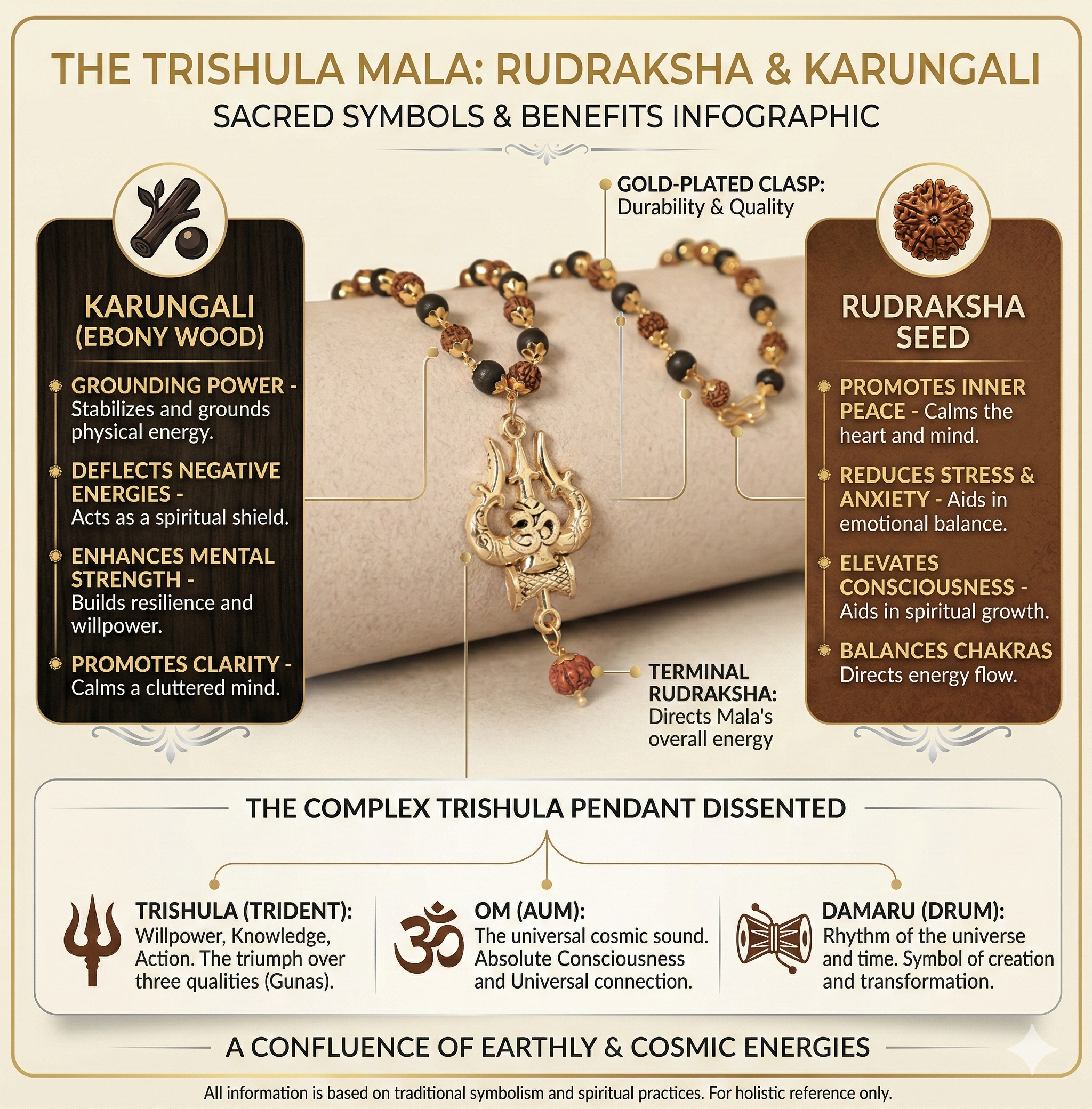 Sacred Fusion: Rudraksha & Karungali Gold-Capped Mala with Shiva Trishul Pendant