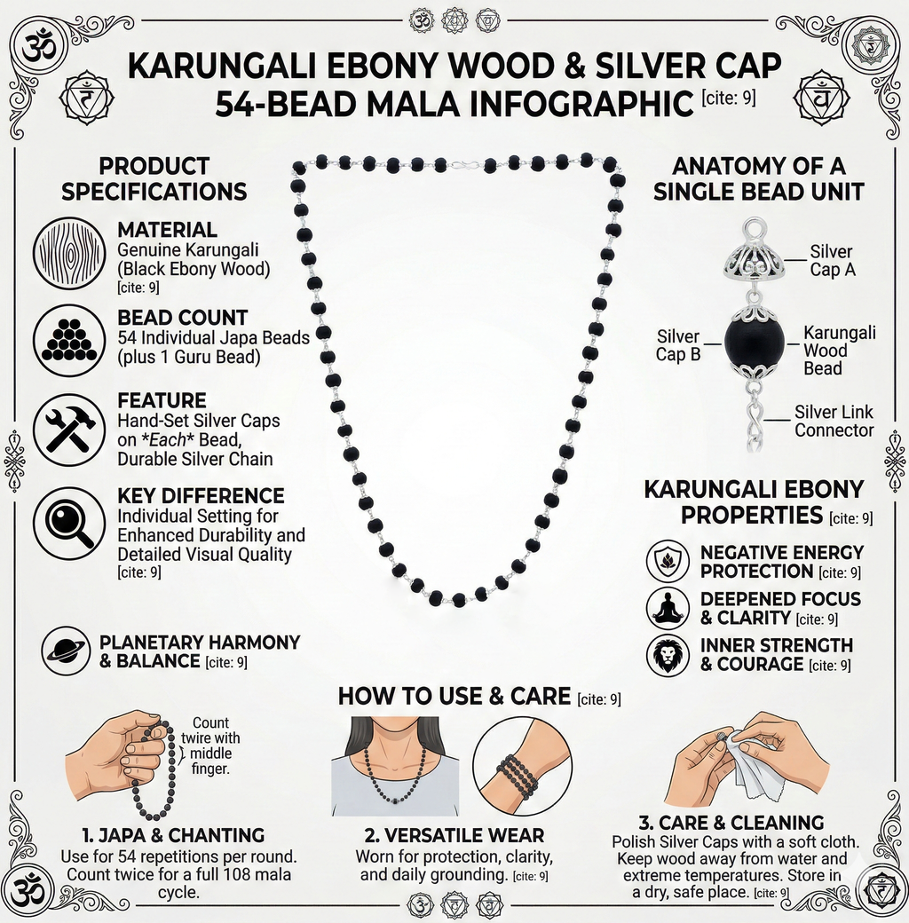 Handcrafted Karungali Silver-Capped 54-Bead Mala for Men & Women