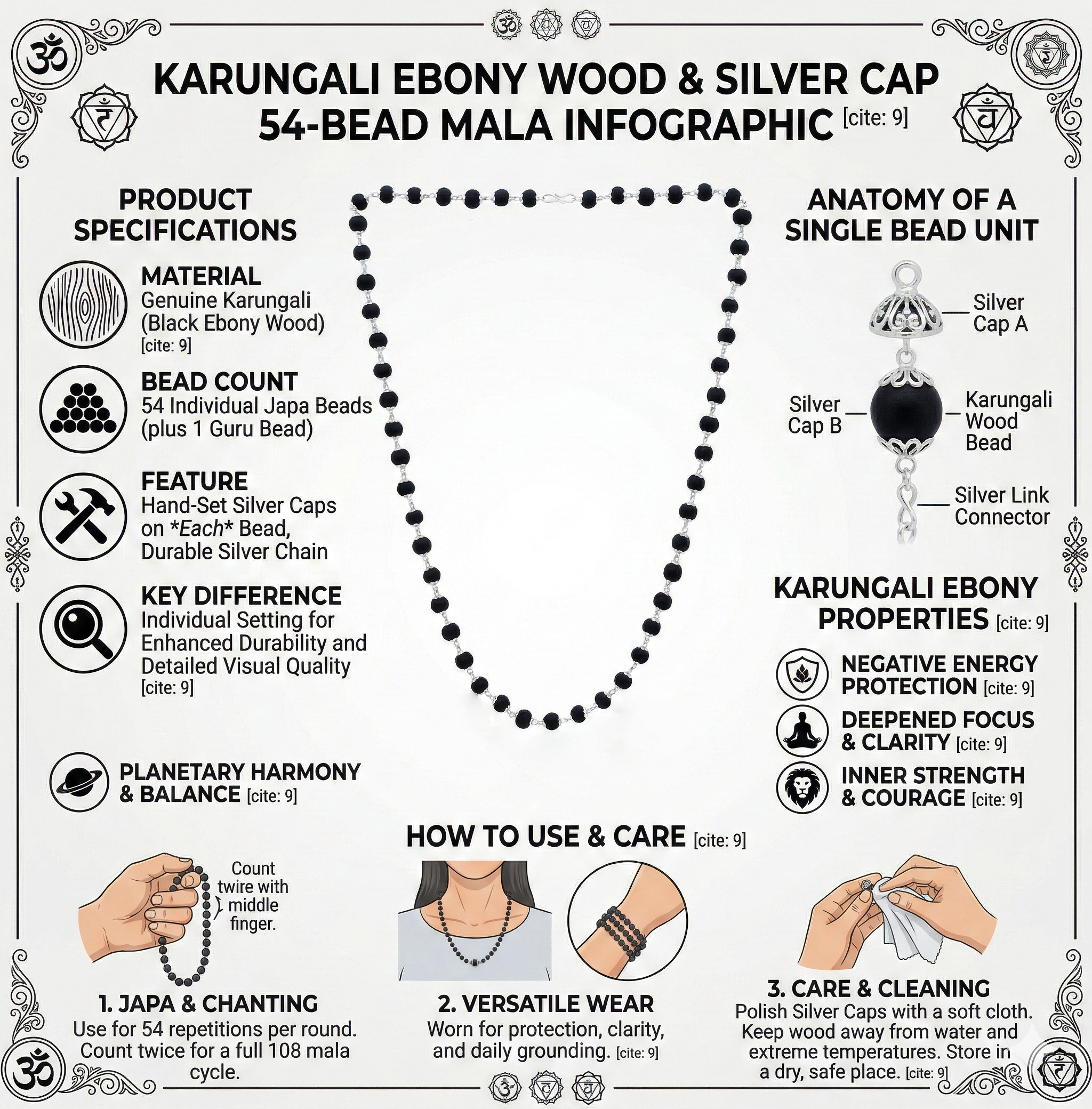 Handcrafted Karungali Silver-Capped 54-Bead Mala for Men & Women