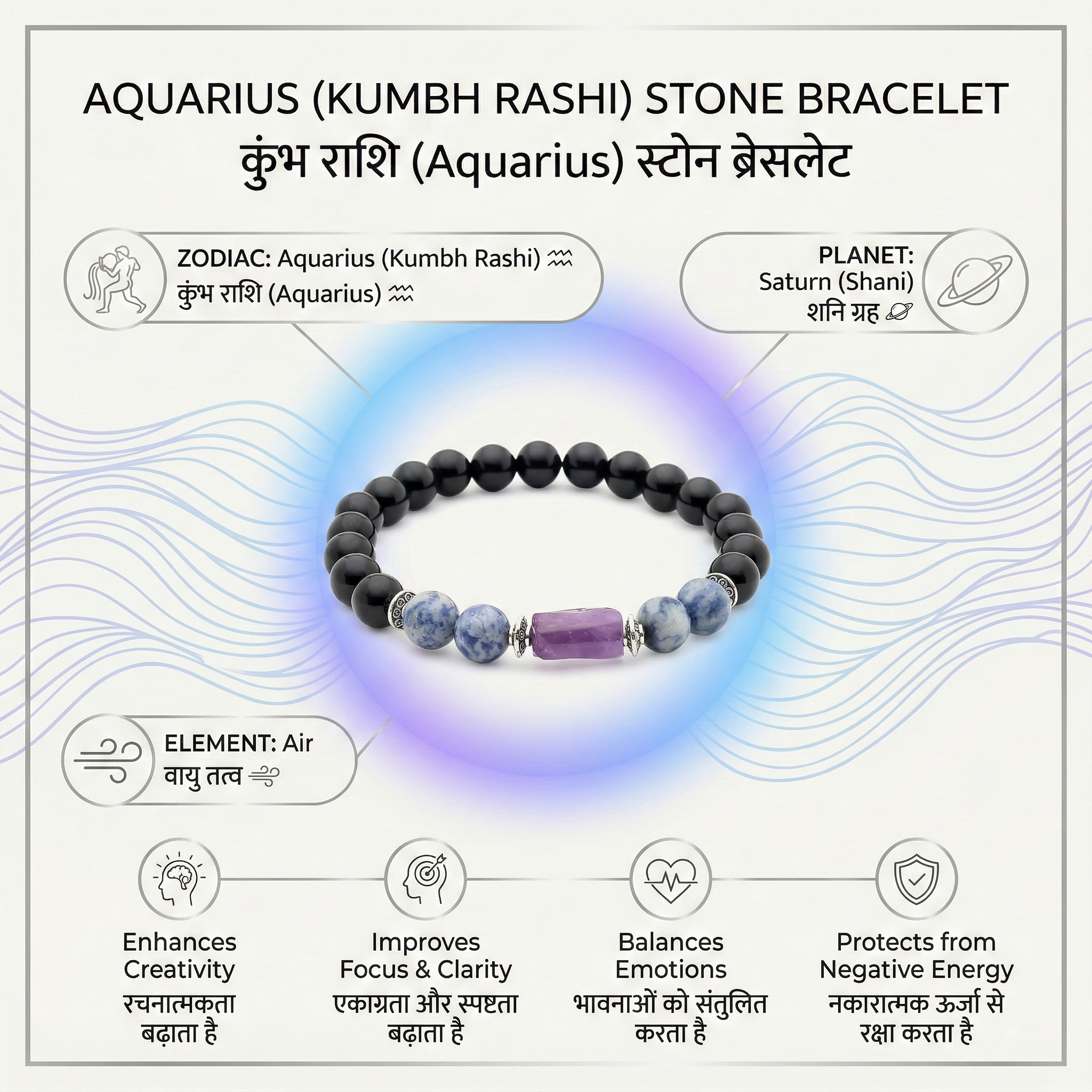 Black Tourmaline Aquarius Bracelet: Protection & Grounding Crystals for Kumbh