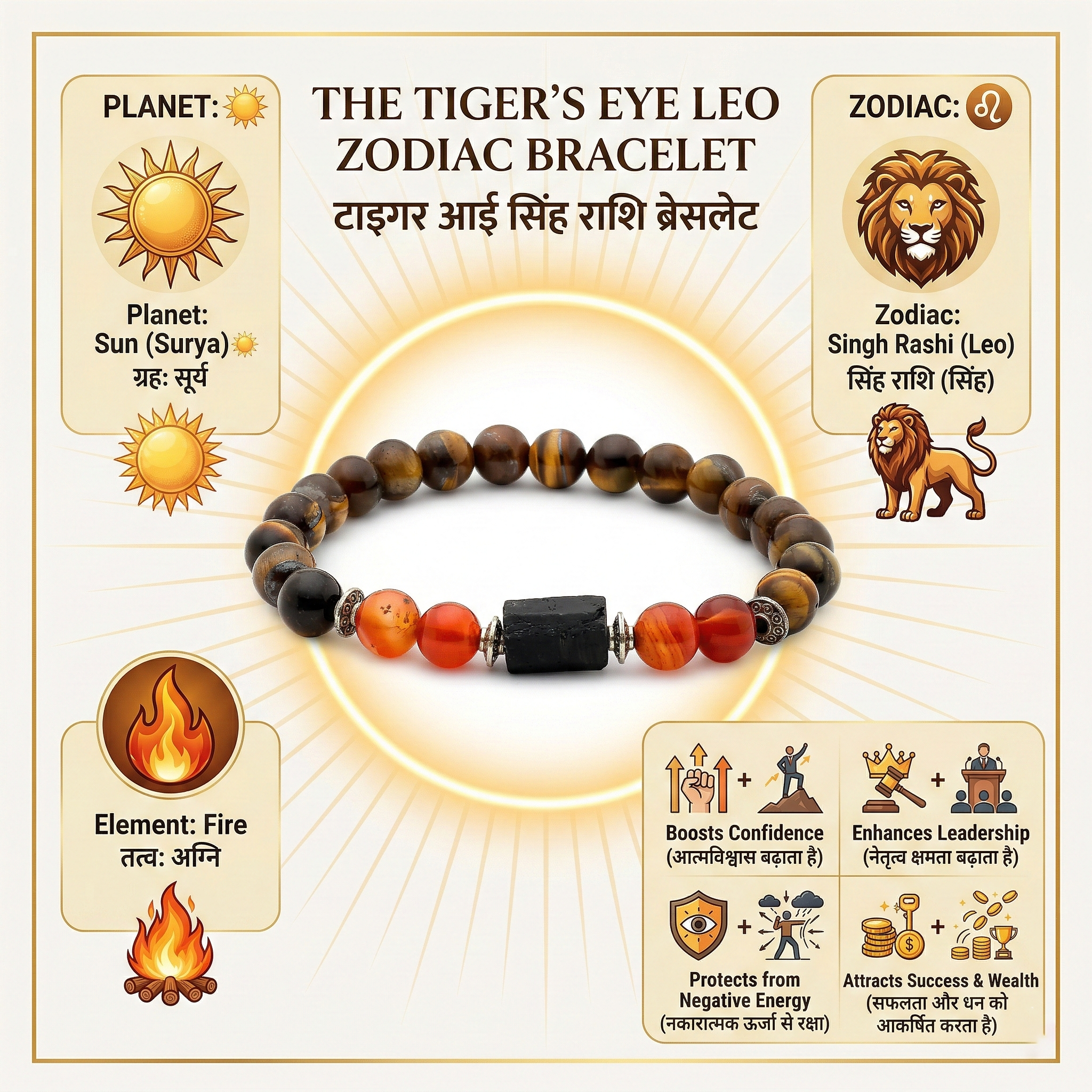 Tiger Eye Leo Bracelet: Protection & Courage Crystals for Singh