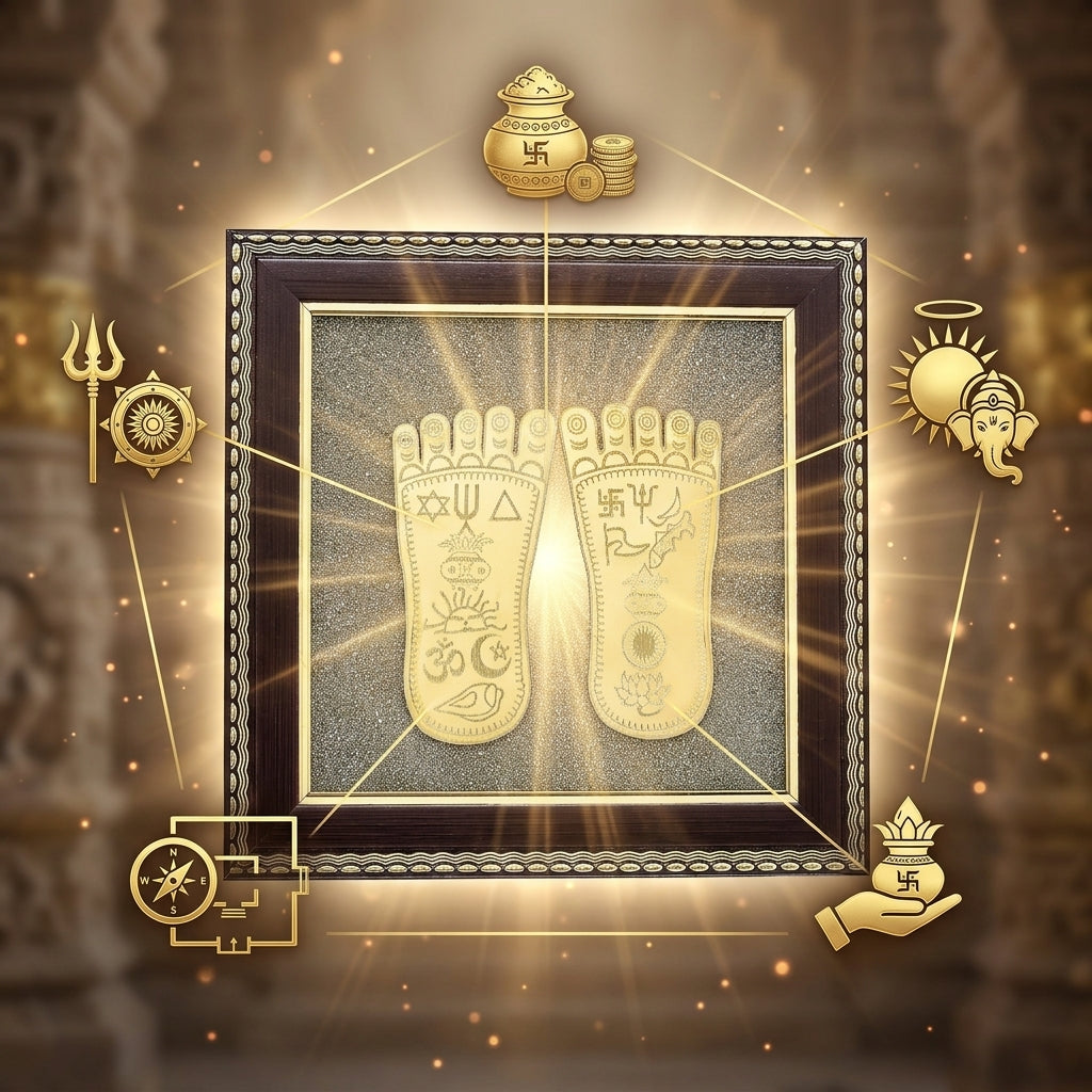 Raw Pyrite Frame with Goddess Laxmi Charan Paduka