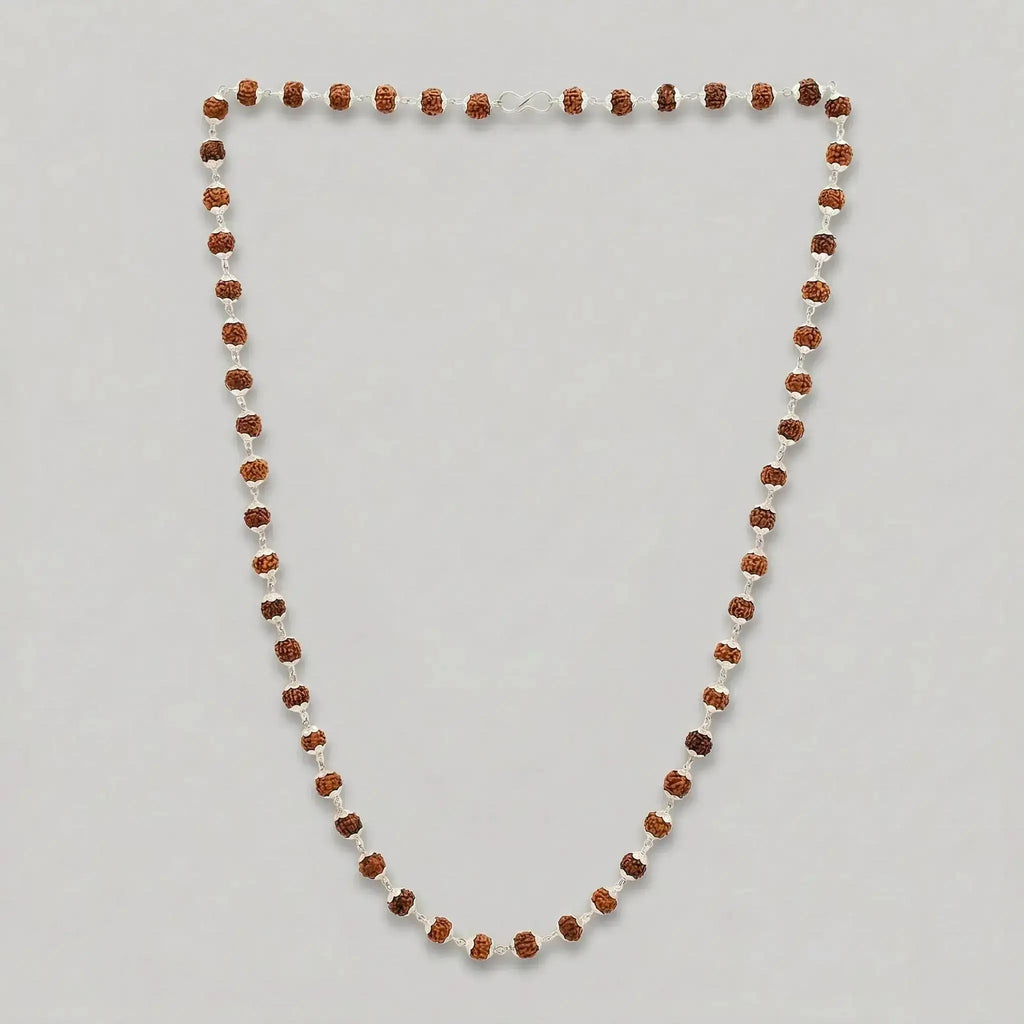 Handcrafted Rudraksha Mala with Silver Cap — 54 beads, Govt. Certified