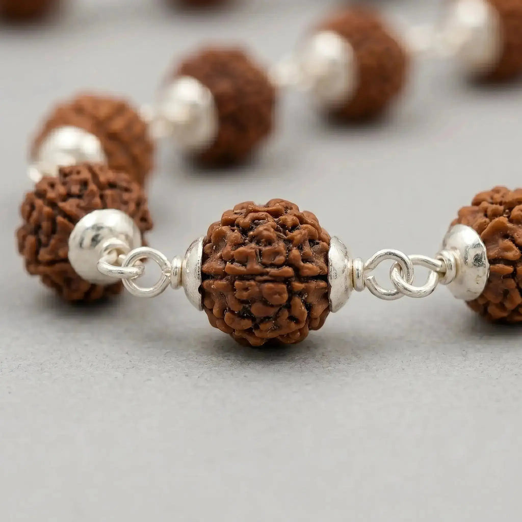 Rudraksha Mala with Silver Cap side view — 54-bead premium jaap mala