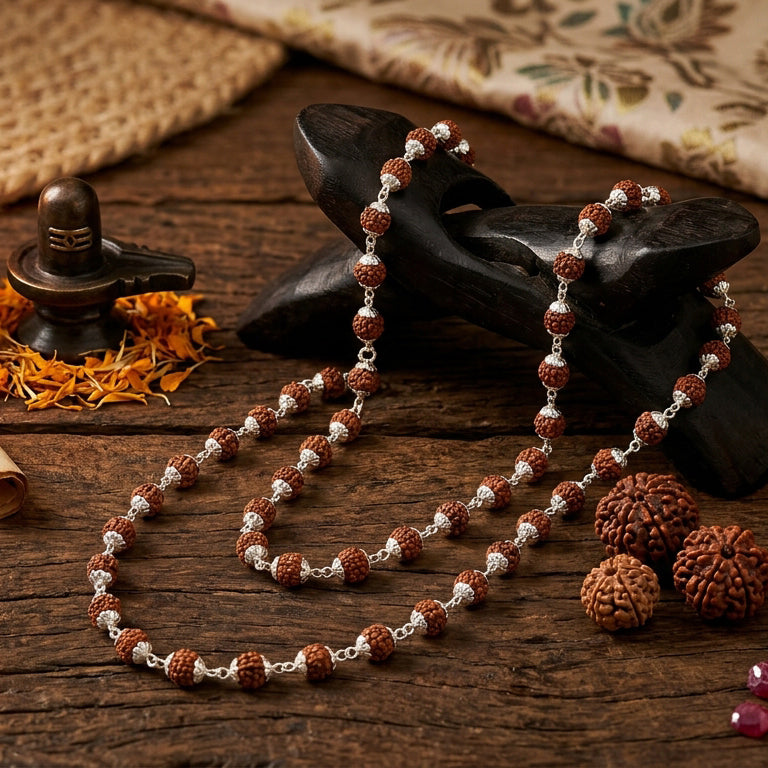 Sacred Radiance: Handcrafted Rudraksha Mala with Golden Cap