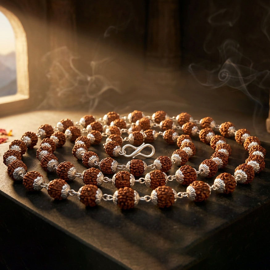 Sacred Radiance: Handcrafted Rudraksha Mala with Golden Cap