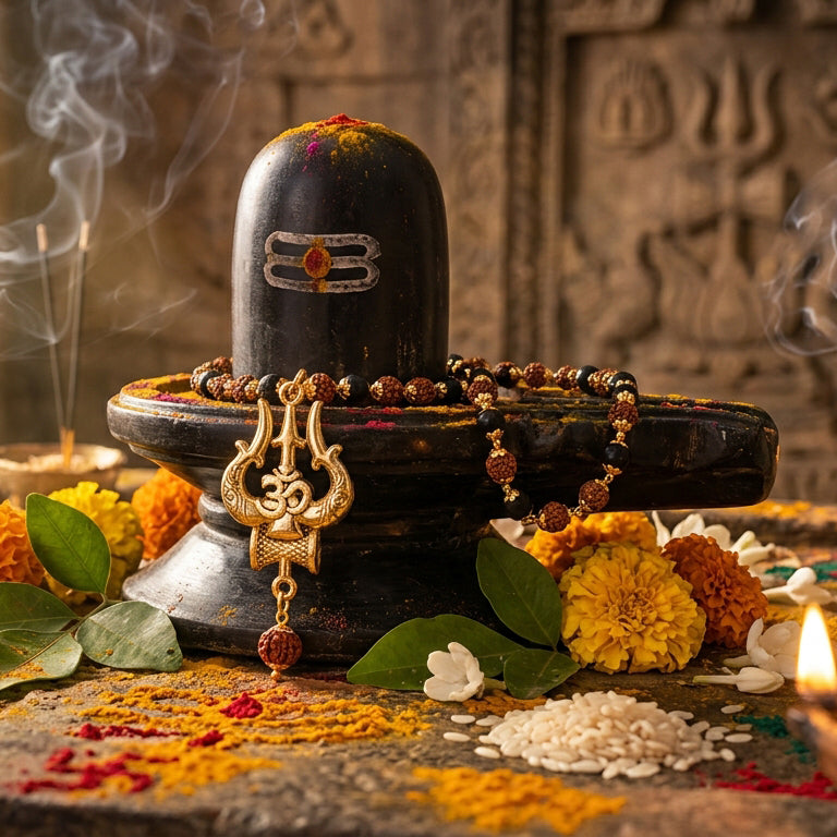 Sacred Fusion: Rudraksha & Karungali Gold-Capped Mala with Shiva Trishul Pendant