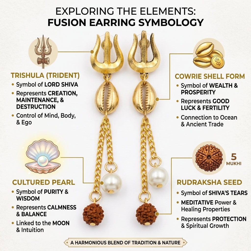 Designer Shiva Trishul Rudraksha Pearl Statement Earring