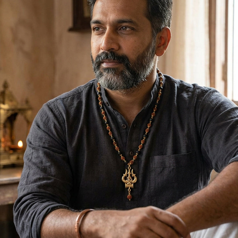 Sacred Fusion: Rudraksha & Karungali Gold-Capped Mala with Shiva Trishul Pendant