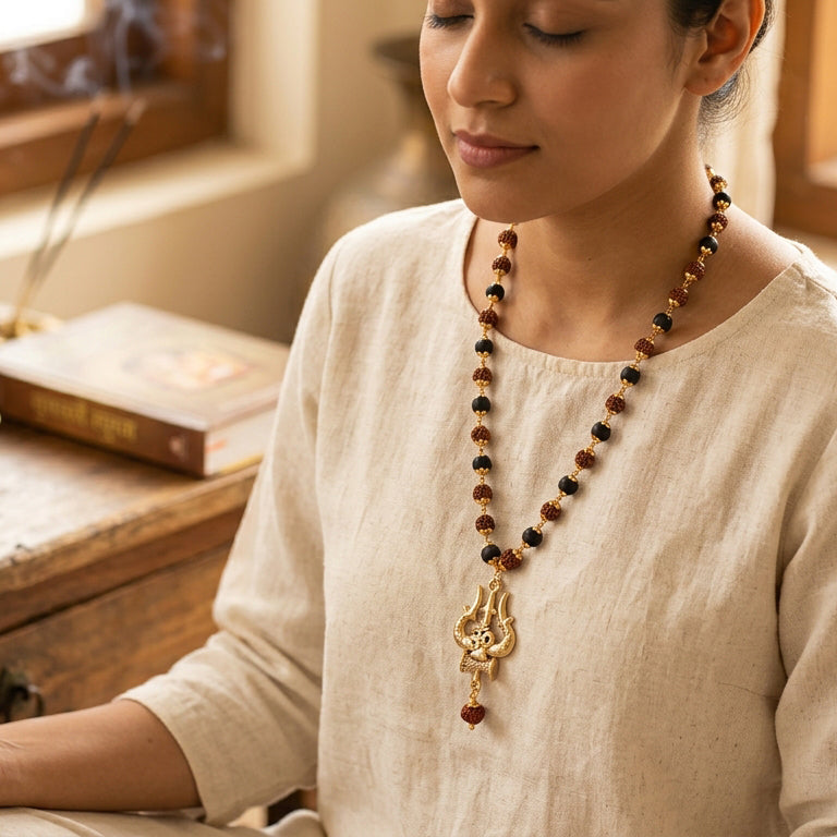 Sacred Fusion: Rudraksha & Karungali Gold-Capped Mala with Shiva Trishul Pendant