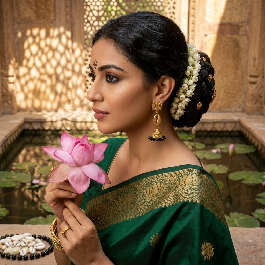 Handcrafted Designer Lotus Stud Gold Plated Shell Kodi Black Bead Jhumka