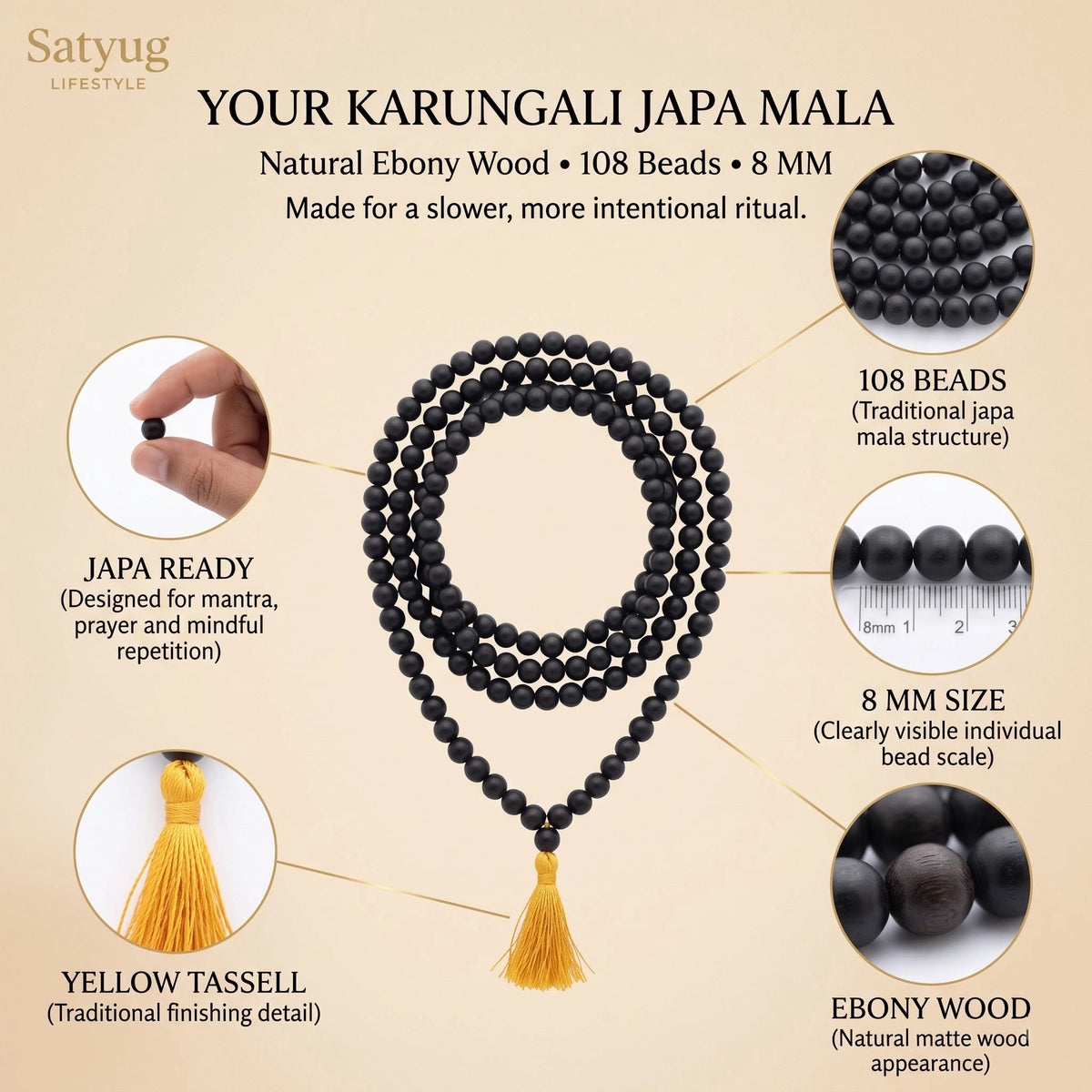 Original Karungali Malai 108-Beads Ebony Wood with Govt. Certified Satyug Lifestyle