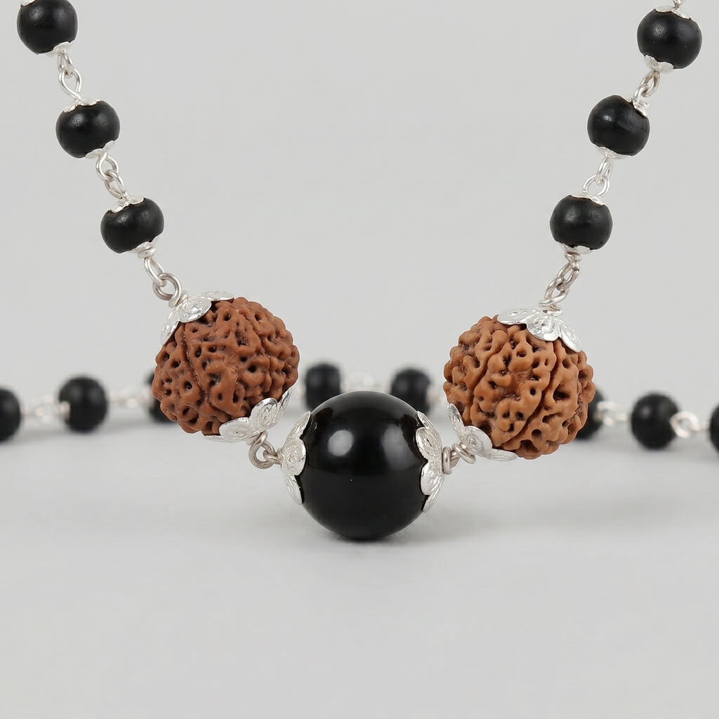 Karungali Mala with Silver Cap & 5 Mukhi Rudraksha | Original Rudraksha Jaap Mala for Meditation, Protection, Pooja, Healing, Spiritual Pendant | Shiva Necklace Jewellery