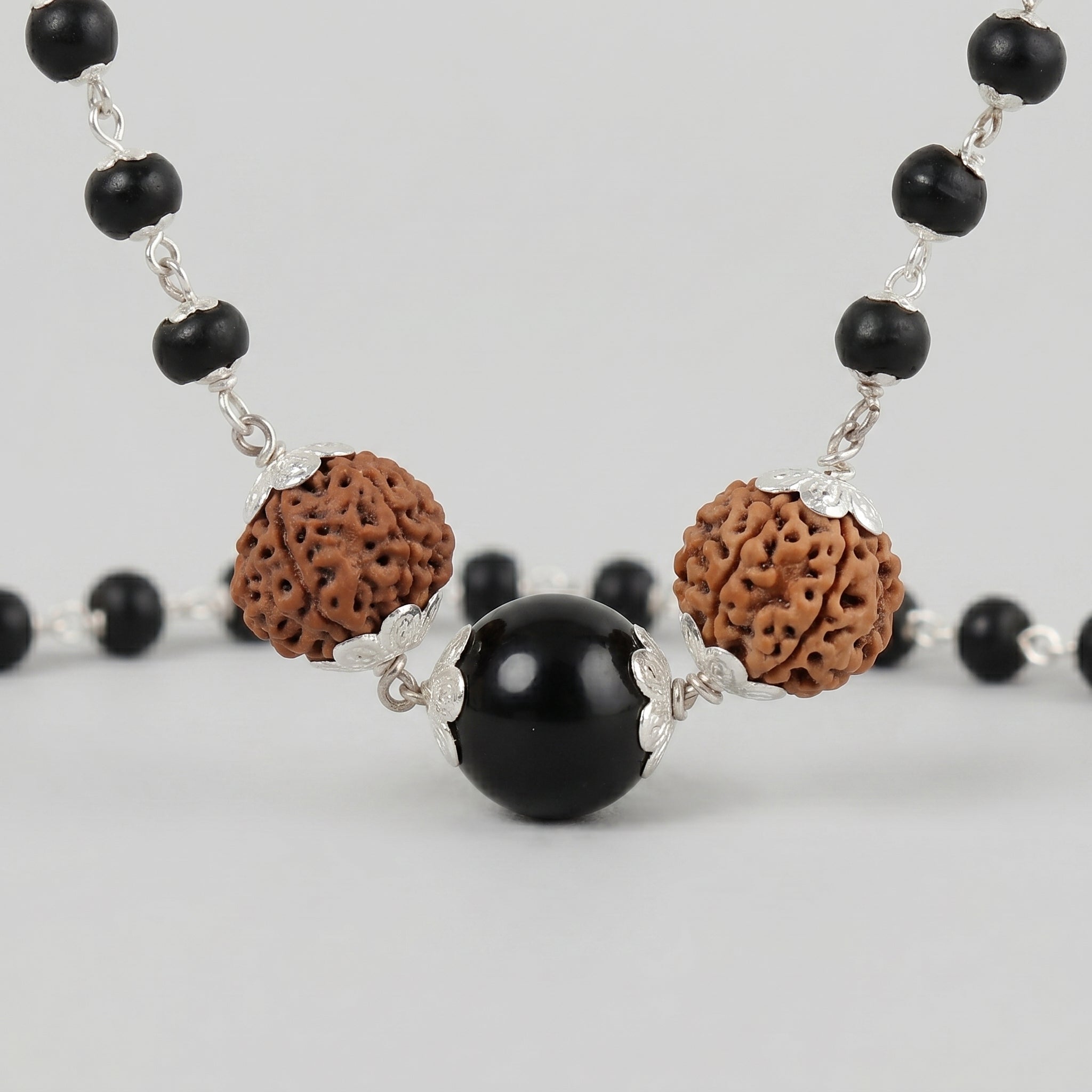Karungali Mala with Silver Cap & 5 Mukhi Rudraksha | Original Rudraksha Jaap Mala for Meditation, Protection, Pooja, Healing, Spiritual Pendant | Shiva Necklace Jewellery