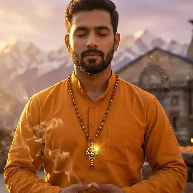 Man wearing OM Shiva Rudraksha necklace — lifestyle shot