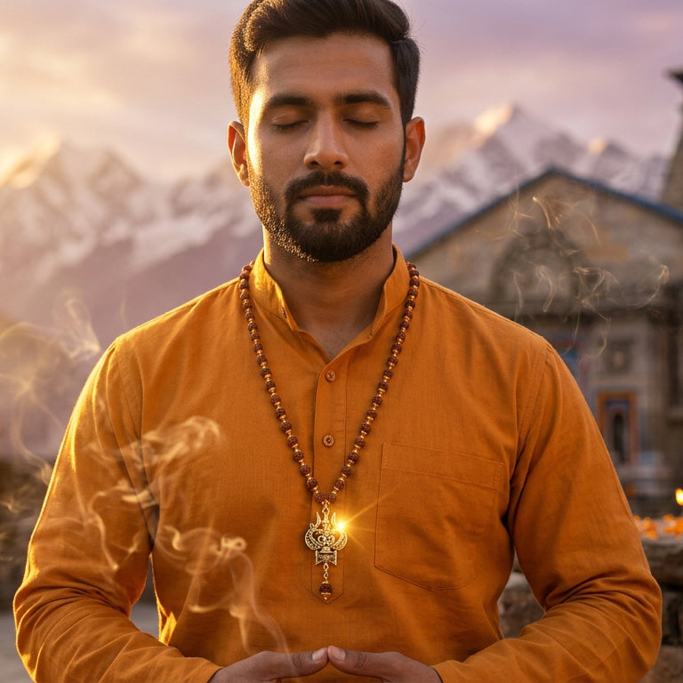 The Eternal Protector: Handcrafted OM Shiva Trishool Rudraksha Mala