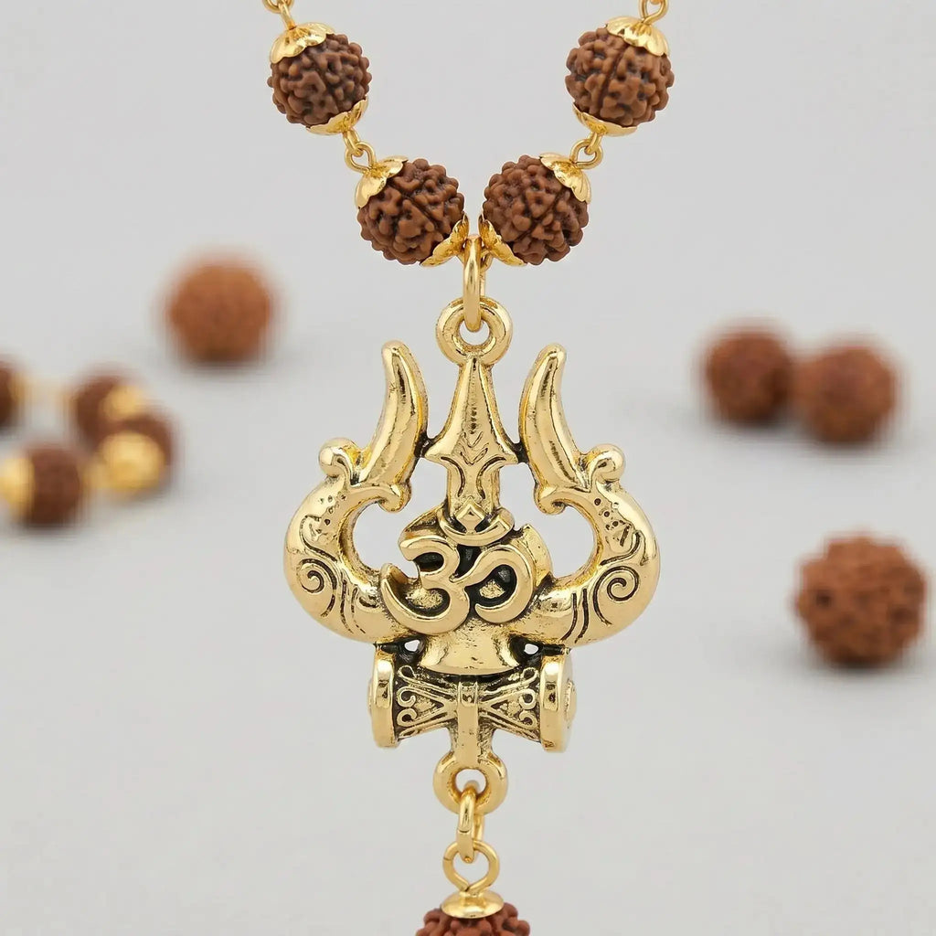 OM Shiva Golden Cap Rudraksha Mala combo — 54 beads with Trishool pendant
