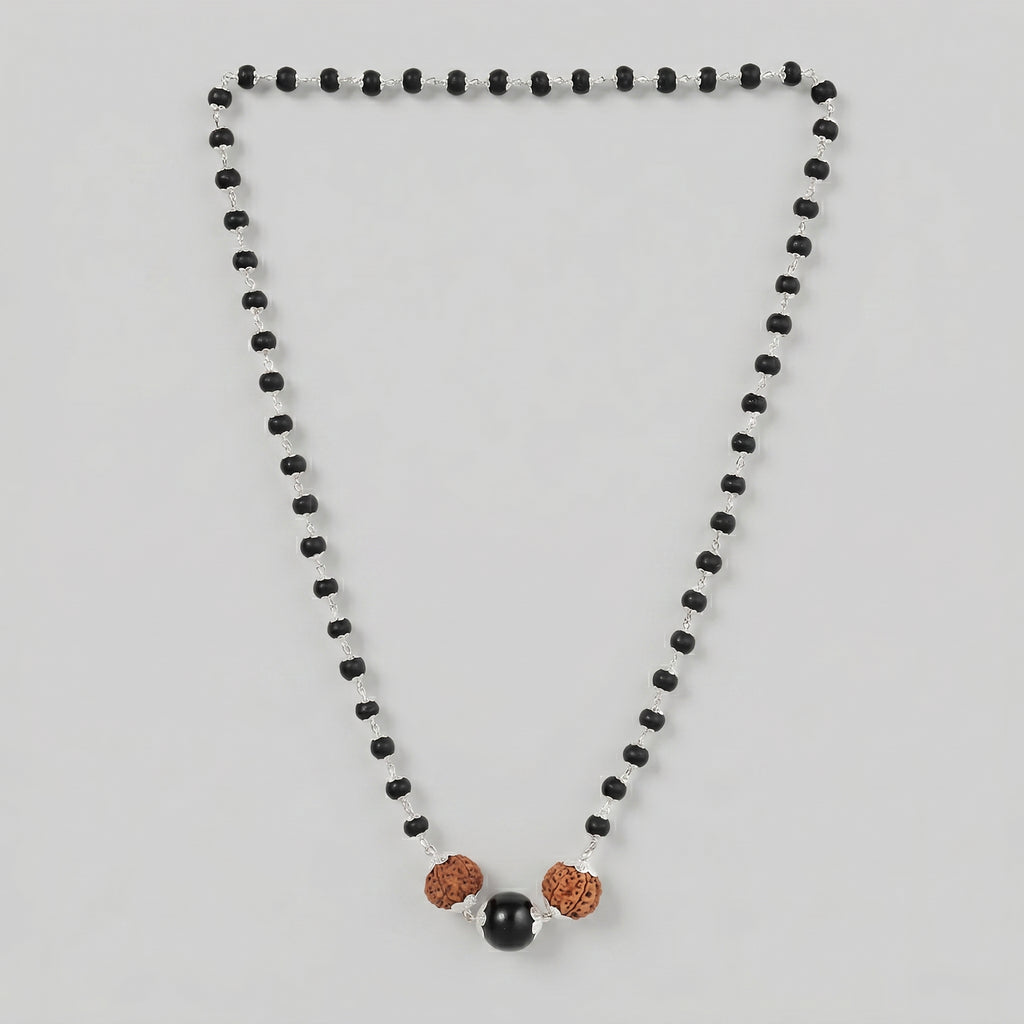 Karungali Mala with Silver Cap & 5 Mukhi Rudraksha | Original Rudraksha Jaap Mala for Meditation, Protection, Pooja, Healing, Spiritual Pendant | Shiva Necklace Jewellery