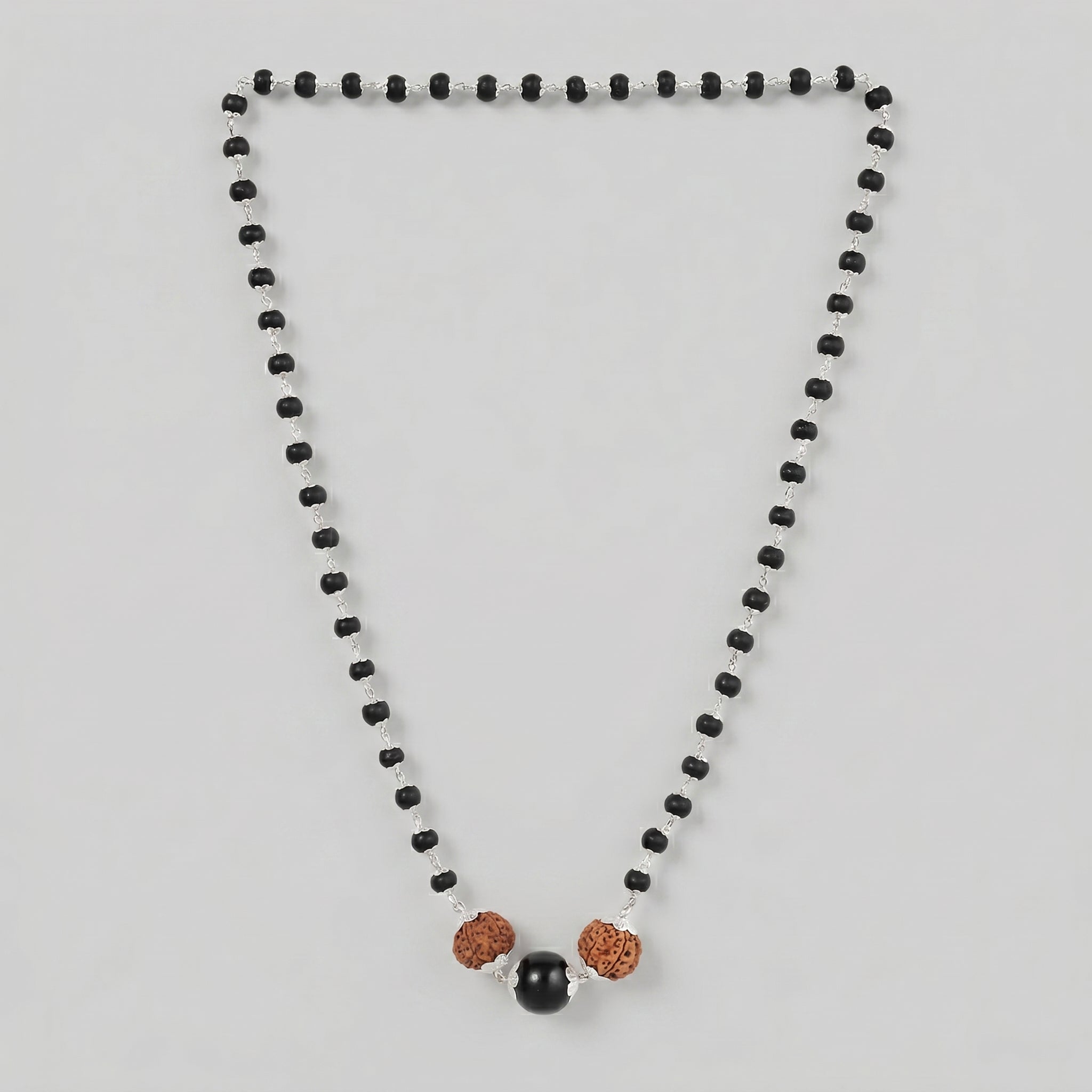 Karungali Mala with Silver Cap & 5 Mukhi Rudraksha | Original Rudraksha Jaap Mala for Meditation, Protection, Pooja, Healing, Spiritual Pendant | Shiva Necklace Jewellery