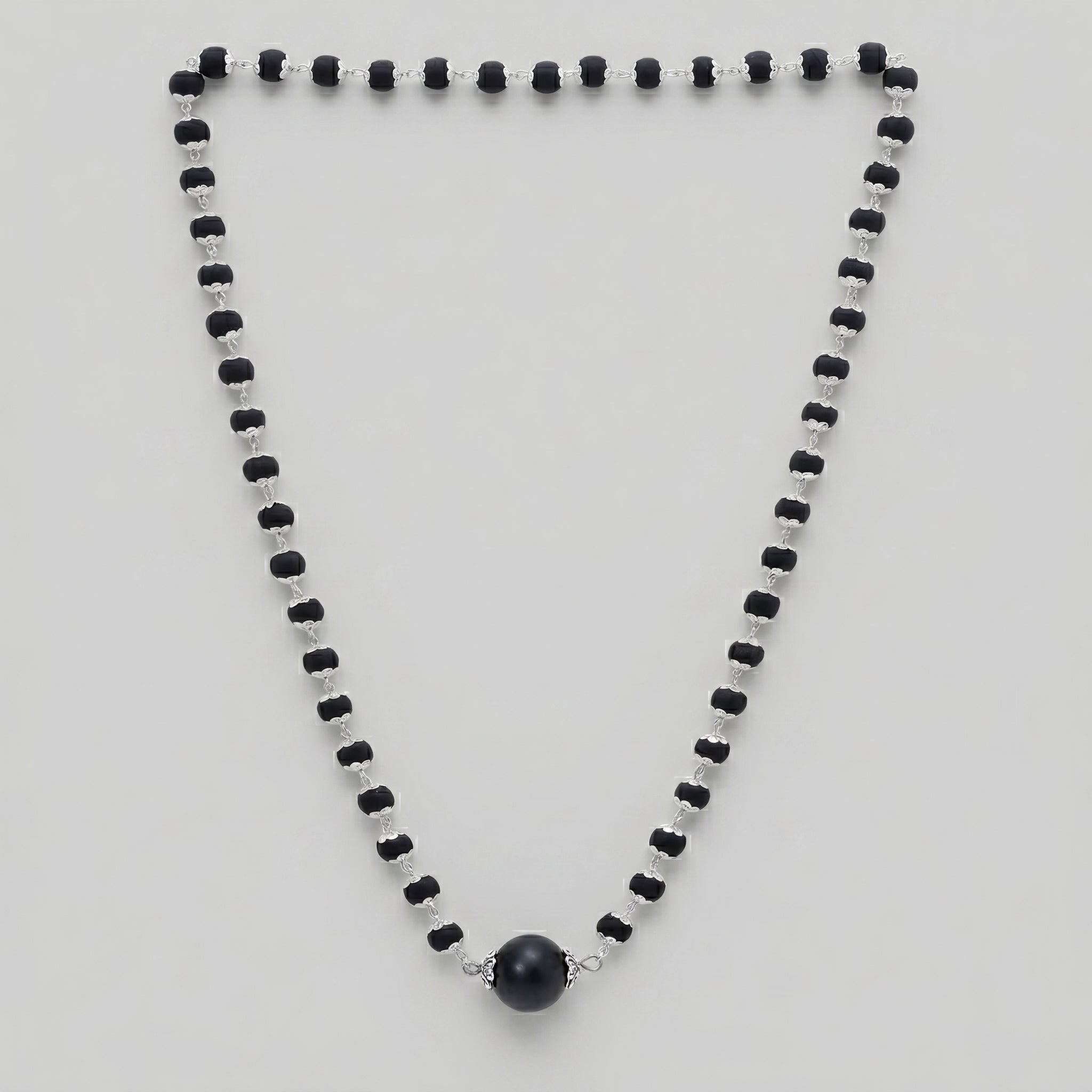 Karungali Mala with Silver Coated cap and larger bead Mala | Ebony Wood for Spiritual Healing,Protection & Meditation| Handcrafted Authentic Jewelry for Men & Women | Certified