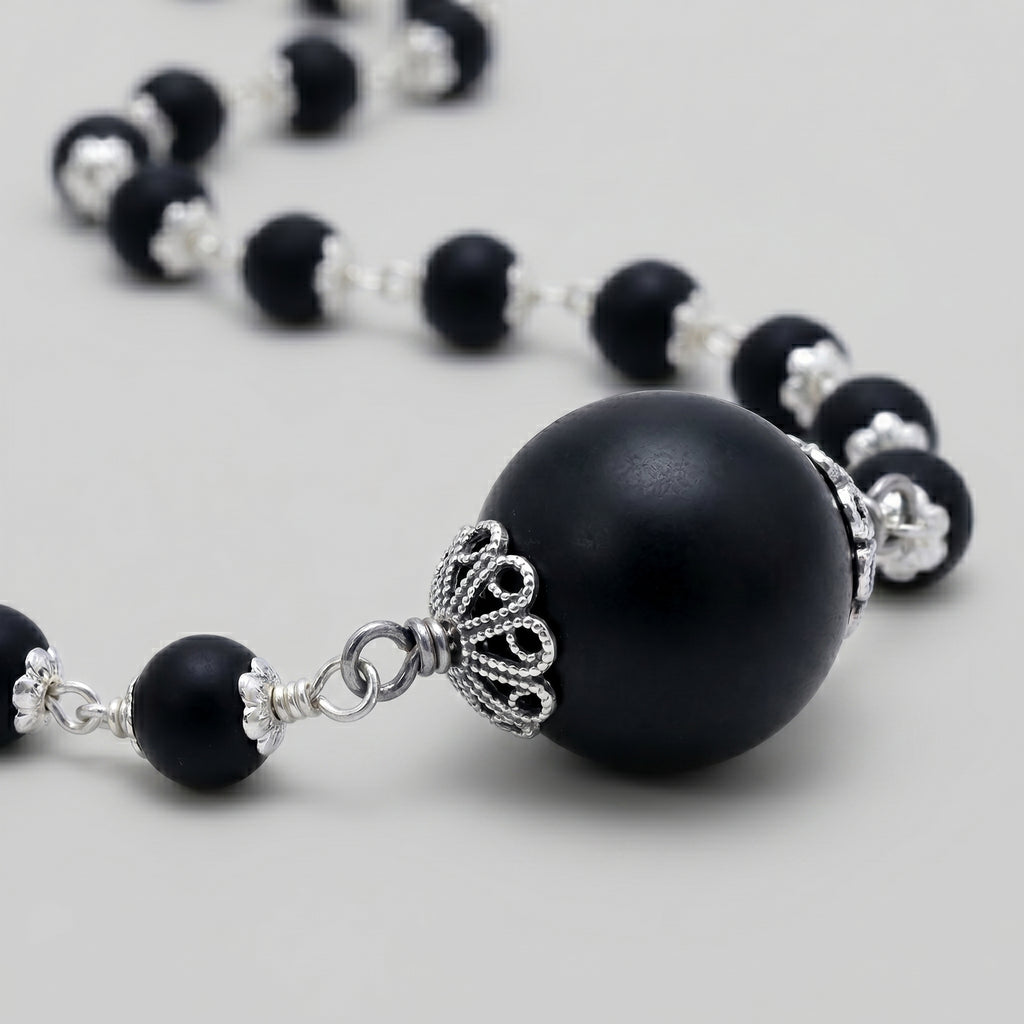 Karungali Mala with Silver Coated cap and larger bead Mala | Ebony Wood for Spiritual Healing,Protection & Meditation| Handcrafted Authentic Jewelry for Men & Women | Certified