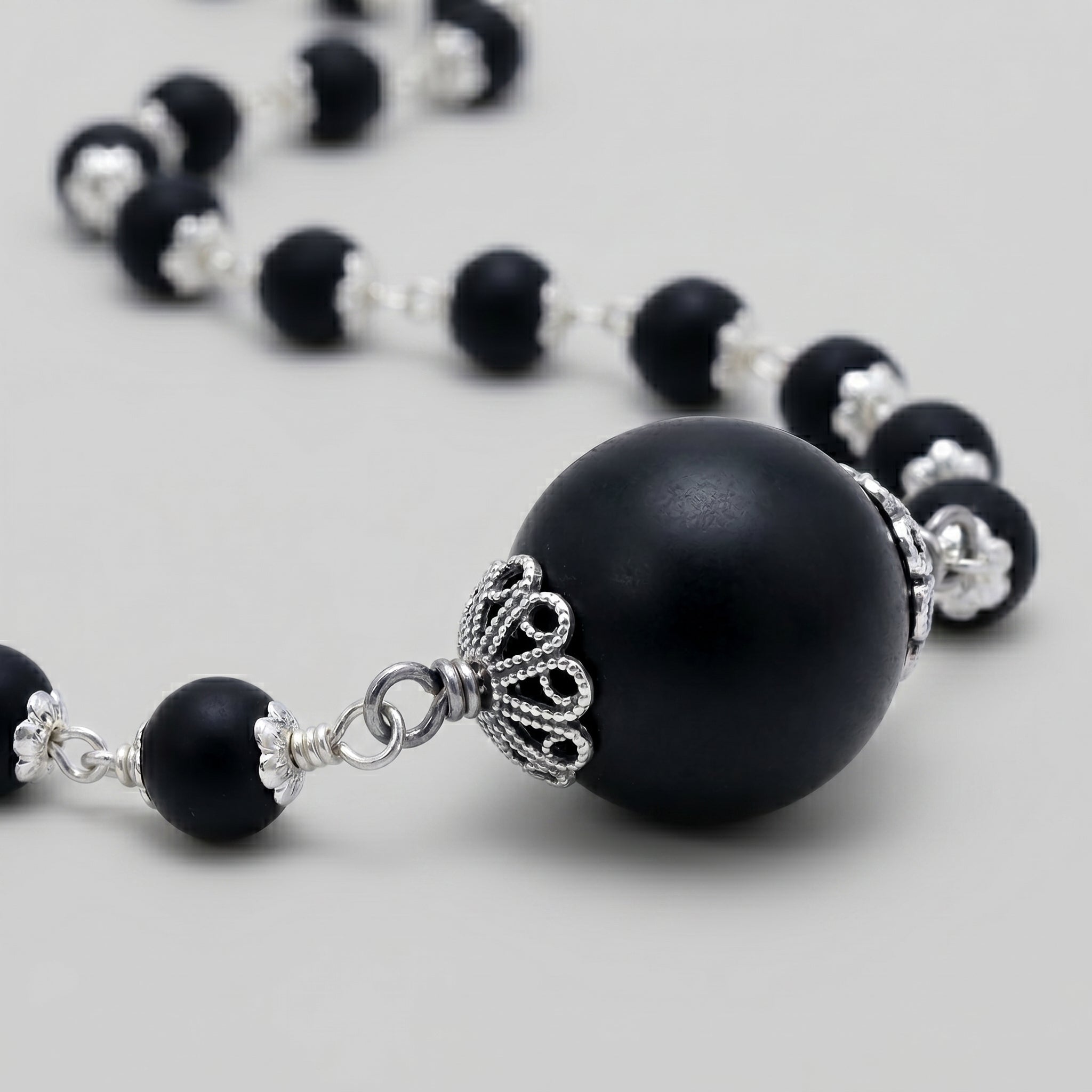 Karungali Mala with Silver Coated cap and larger bead Mala | Ebony Wood for Spiritual Healing,Protection & Meditation| Handcrafted Authentic Jewelry for Men & Women | Certified