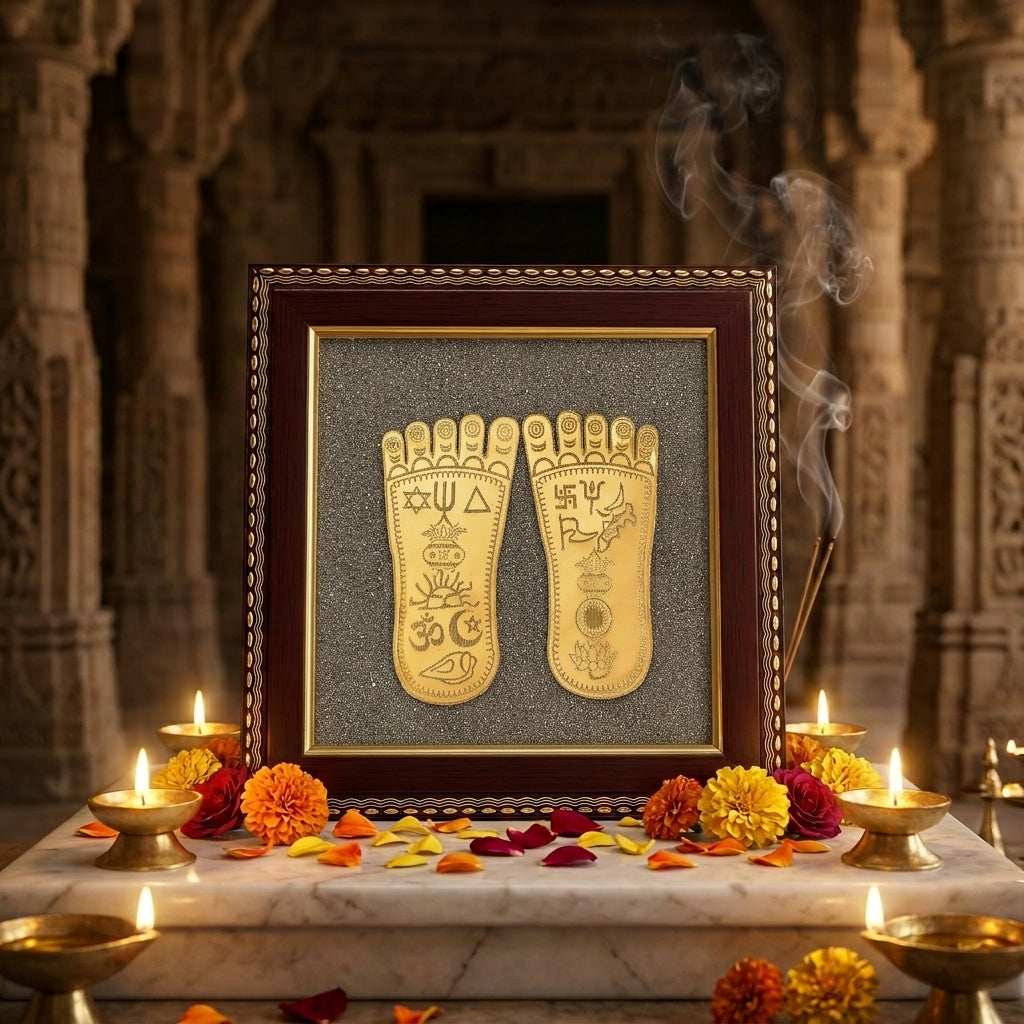 Raw Pyrite Frame with Goddess Laxmi Charan Paduka