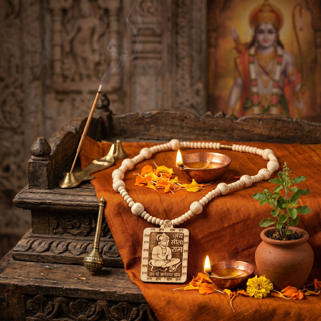Original Tulsi Kanthi Mala close-up showing natural holy basil wood beads
